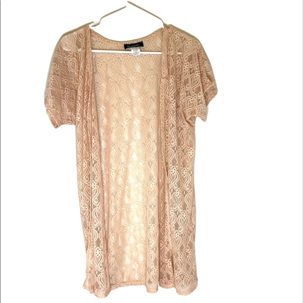 2/$30 Elizabeth - Pink Lace Short Sleeve Open Front Kimono Size M